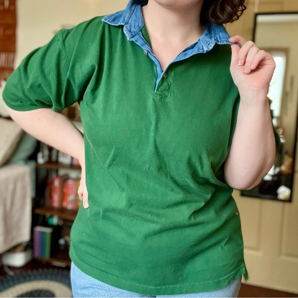Vintage Green Shirt with Denim Collar | XL - Picture 4 of 6